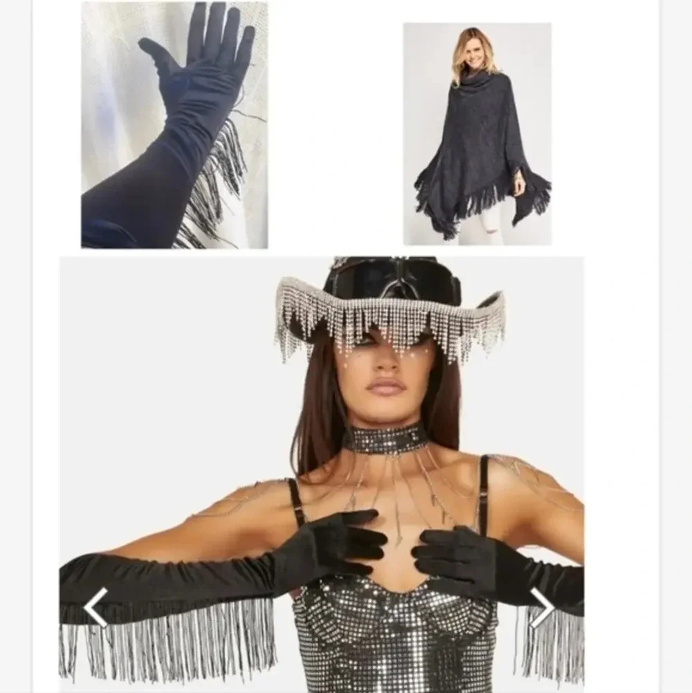 Black Satin Long Fringe Gloves NWT